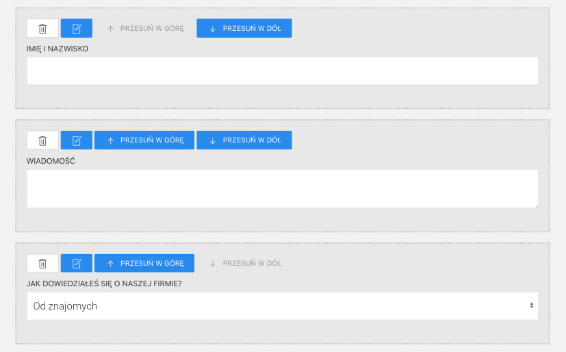 ustawienia formularza pola formularza